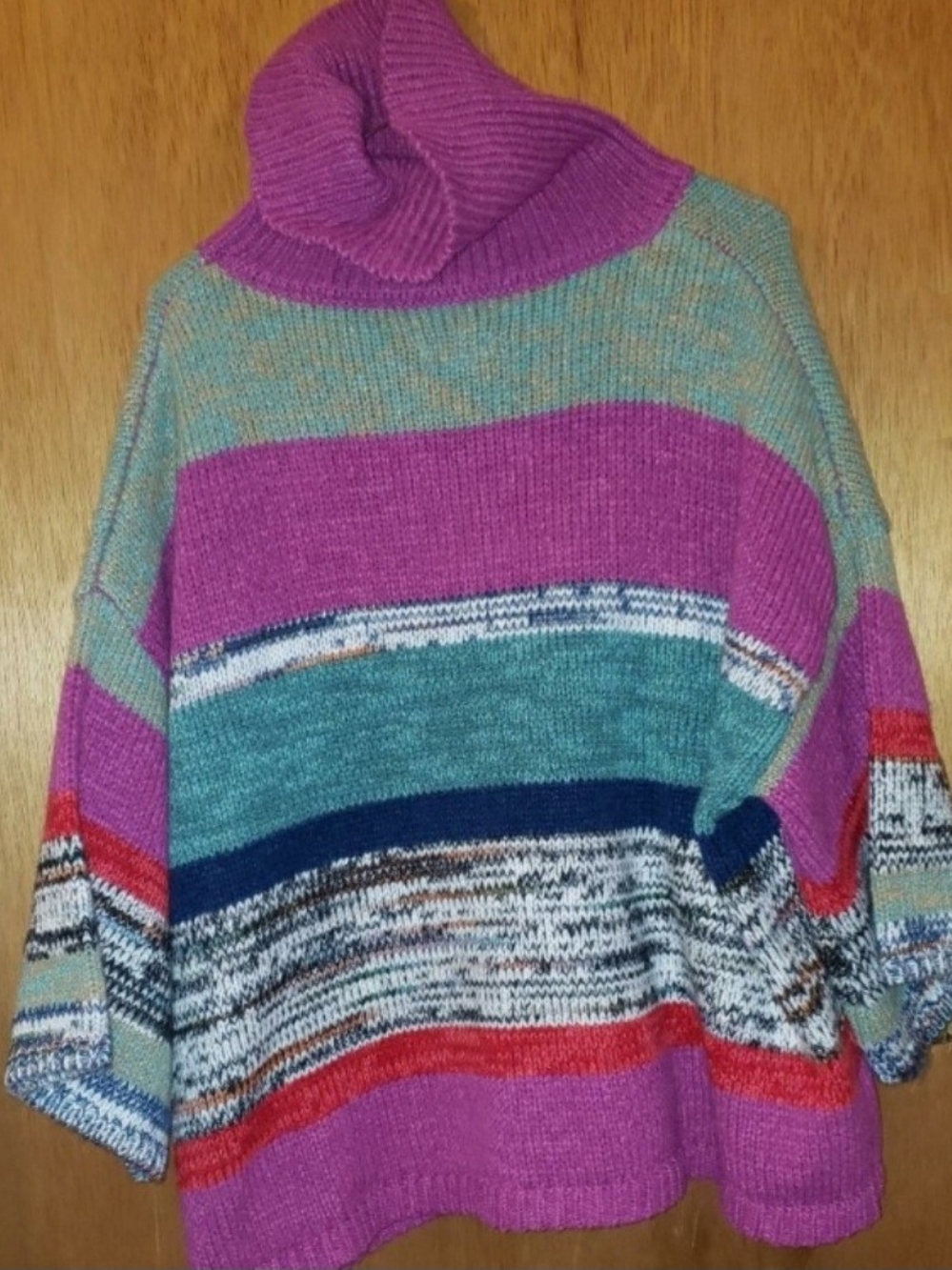 Striped Multicolor Turtleneck Sweater - Pink Teal Mix